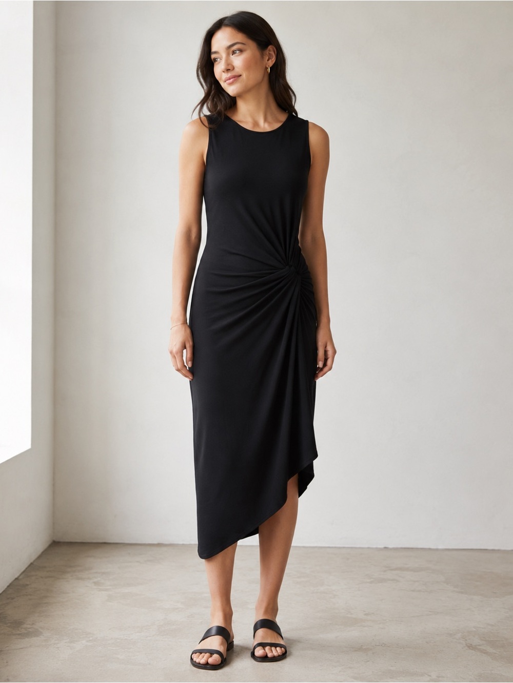 EXPRESS Black Asymmetrical Ruched Midi Sheath Dress Size M effortless versatile - Picture 9 of 9